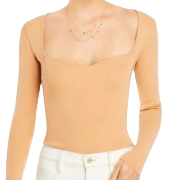 Aqua x Scout The City Top Long Sleeve Square Neck Fitted Ribbed Knit Beige - Picture 1 of 5